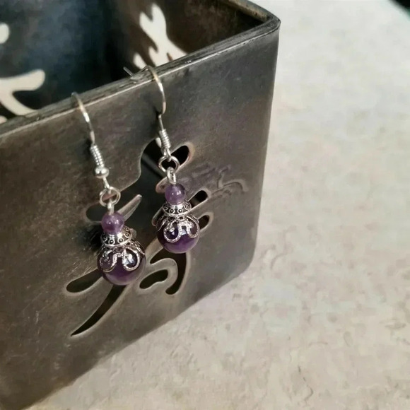 Hand Crafted Amethyst Victorian Lace Art Nouveau Gemstone Bead Drop Earrings - Picture 5 of 6